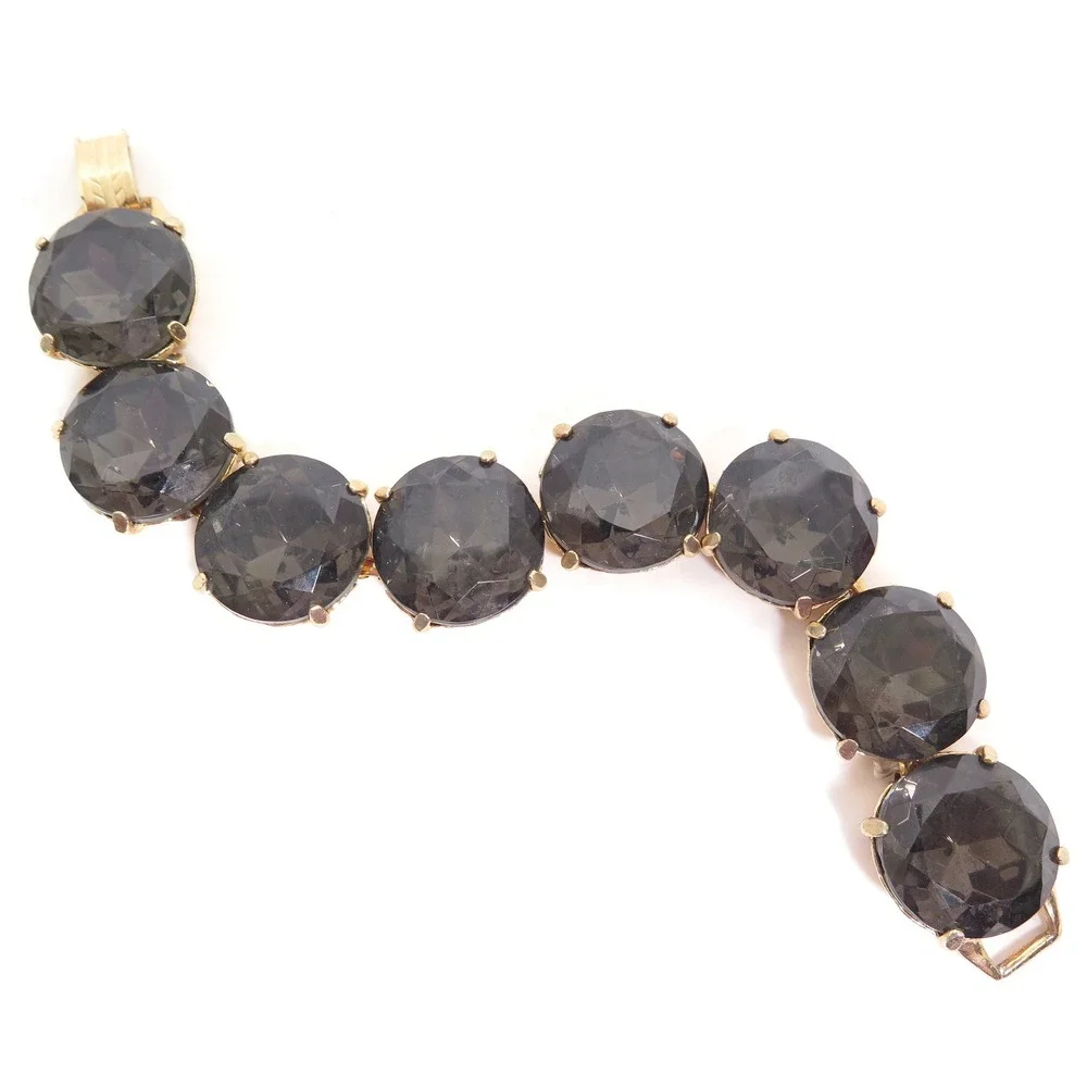 Vintage High End Large Dark Olivine Gray Rhinestone Gold Plated Bracelet